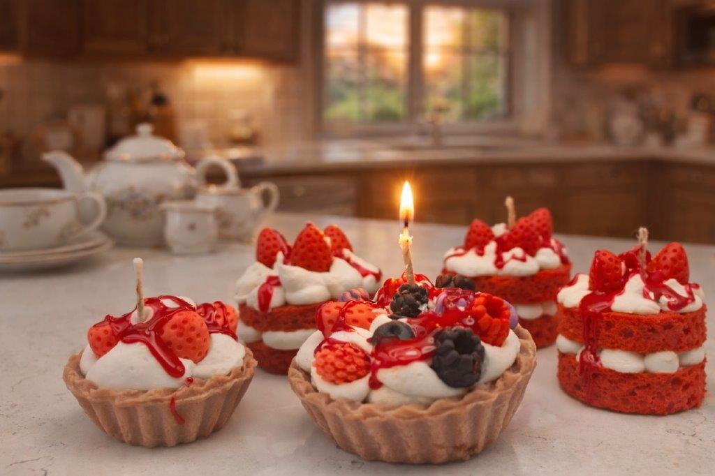 LAVURI® Silvestri Tart - Gourmet Cookie Candle, Berry mix with creme, red Gel- Wax Sauce and pouder as garnish