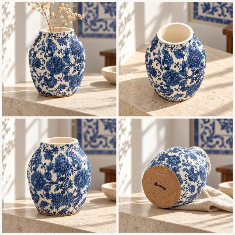 LAVURI RIBBED 1200 AZULEJO – Handgefertigte Vase, 15 x 12 cm, 6 cm Öffnung