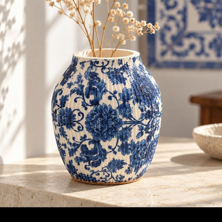 LAVURI RIBBED 1200 AZULEJO – Handgefertigte Vase, 15 x 12 cm, 6 cm Öffnung